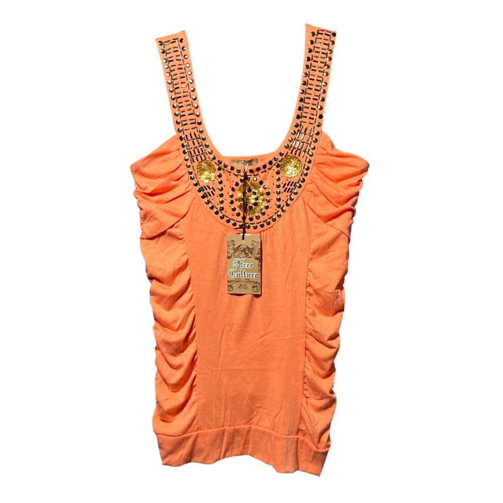 Free Culture Orange Studded Sequin Ruched Tank‎ Top Smocked Hem NWT Womens Small